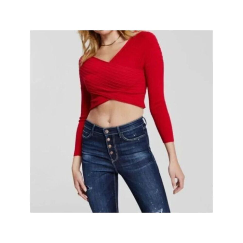 GUESS Womens Red Crisscross Front Long Sleeve Evening Crop Top Sweater XL